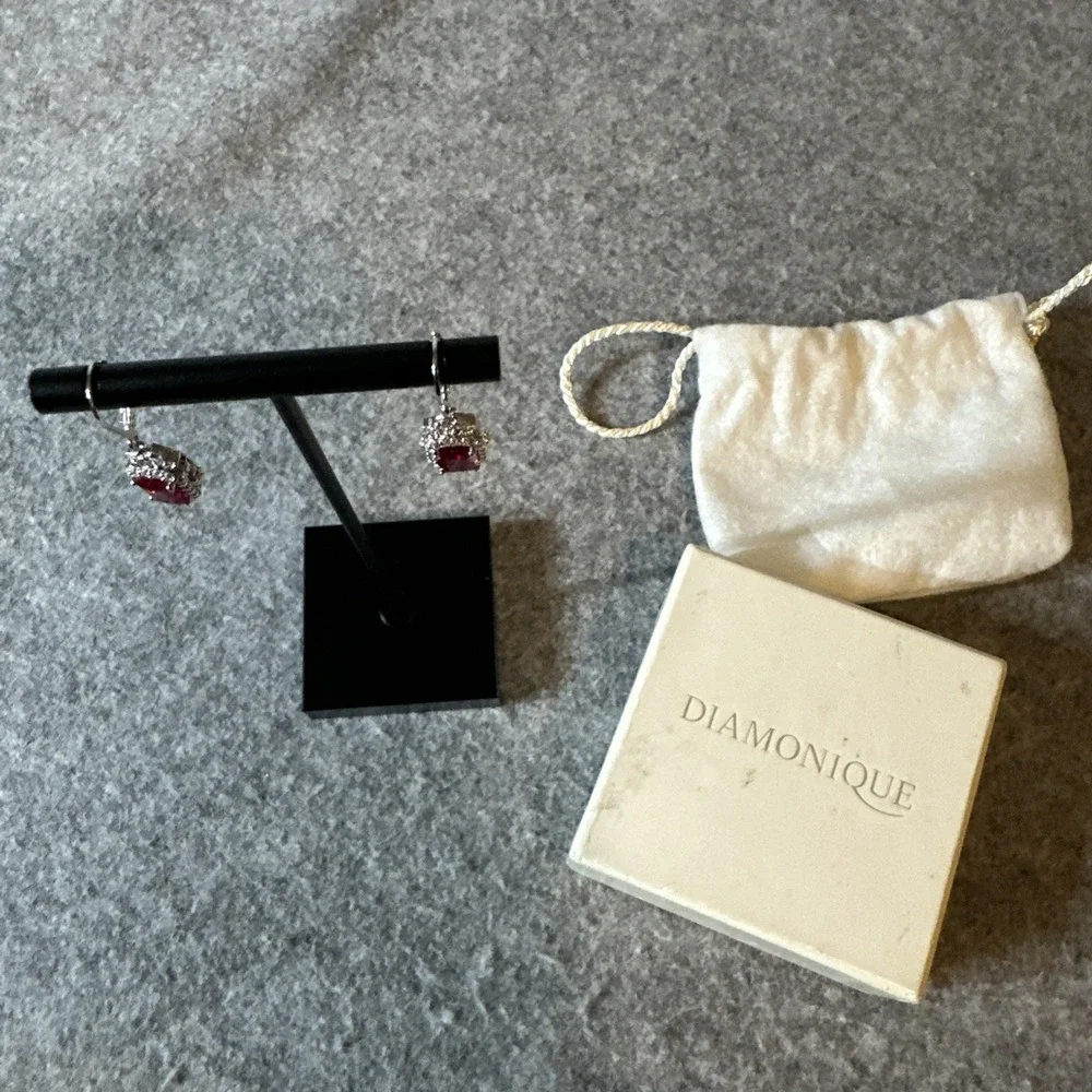 QVC Diamonique cz w/ Lab Ruby Leverback .925 Earrings - Picture 2 of 6